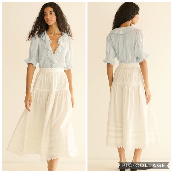 Doen NWT Medium Henri Ruffle Cotton Blouse in Alice Blue - Picture 3 of 14